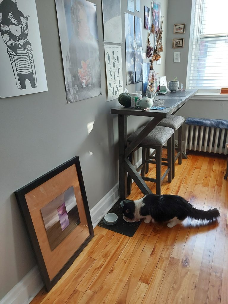 Scout, the black and while cat, eats a meal on the floor of our kitchen, lit with natural light. Beside him is a narrow kitchen table in dark grey wood and upholstery, a poster of Saga above him, a framed print from Kei's utopia album beside him, and a print of a painting of a person with three cats stuck in their long hair from Stay Home Club above that.