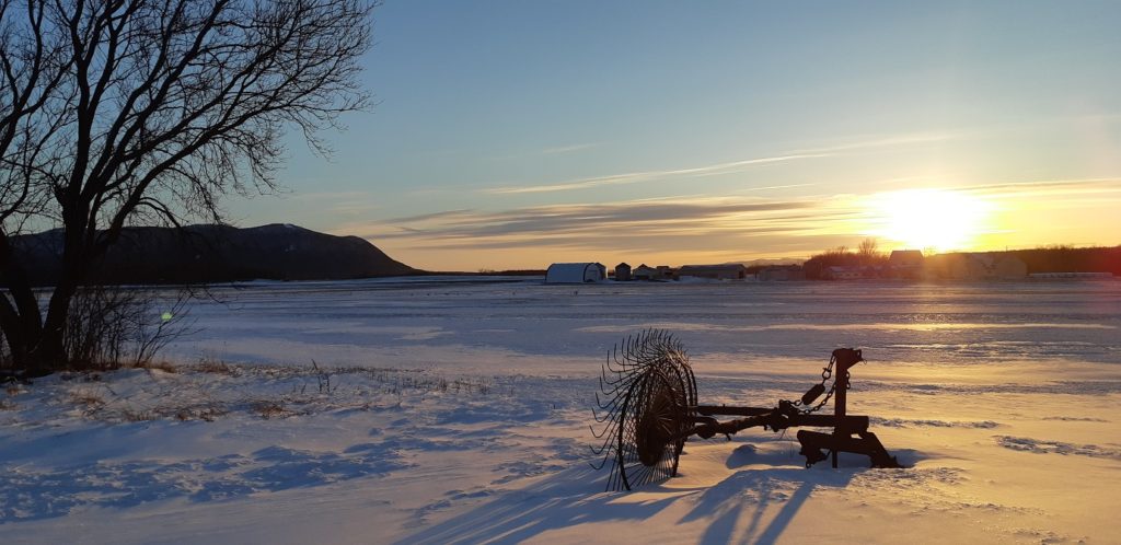 In the background of a frozen farm landscape stands a low, lone mountain, its peaks all rounded. In the distance, the sun is setting, colouring the snowdrifts in gold and dark blue.